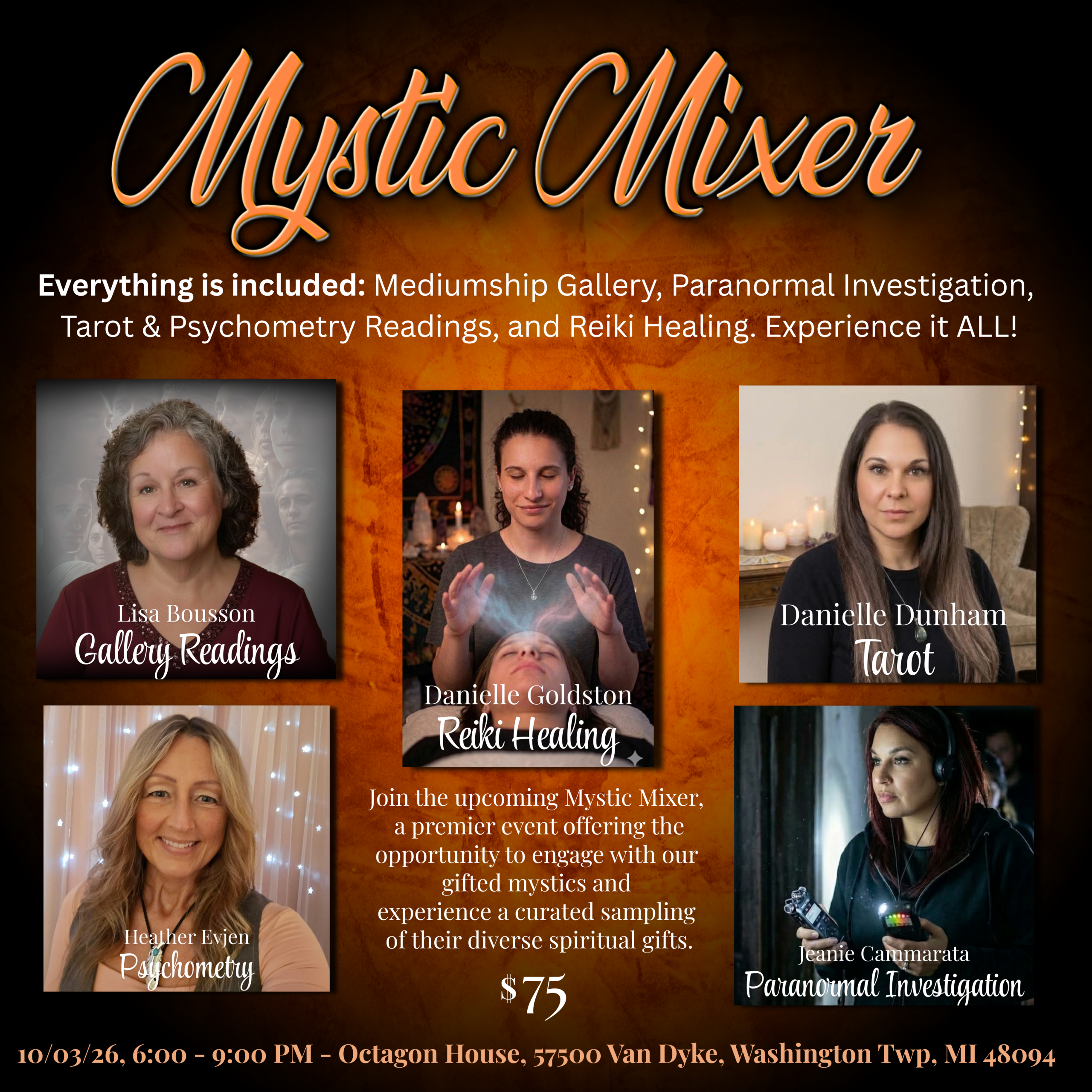 2 This image is titled Mystic mixer and is an advertisement for an upcoming event with Lisa Bousson, Jeanie Cammarata, Danielle Dunham, Danielle Goldston, and Heather Evjen, all psychic mediums in Michigan.