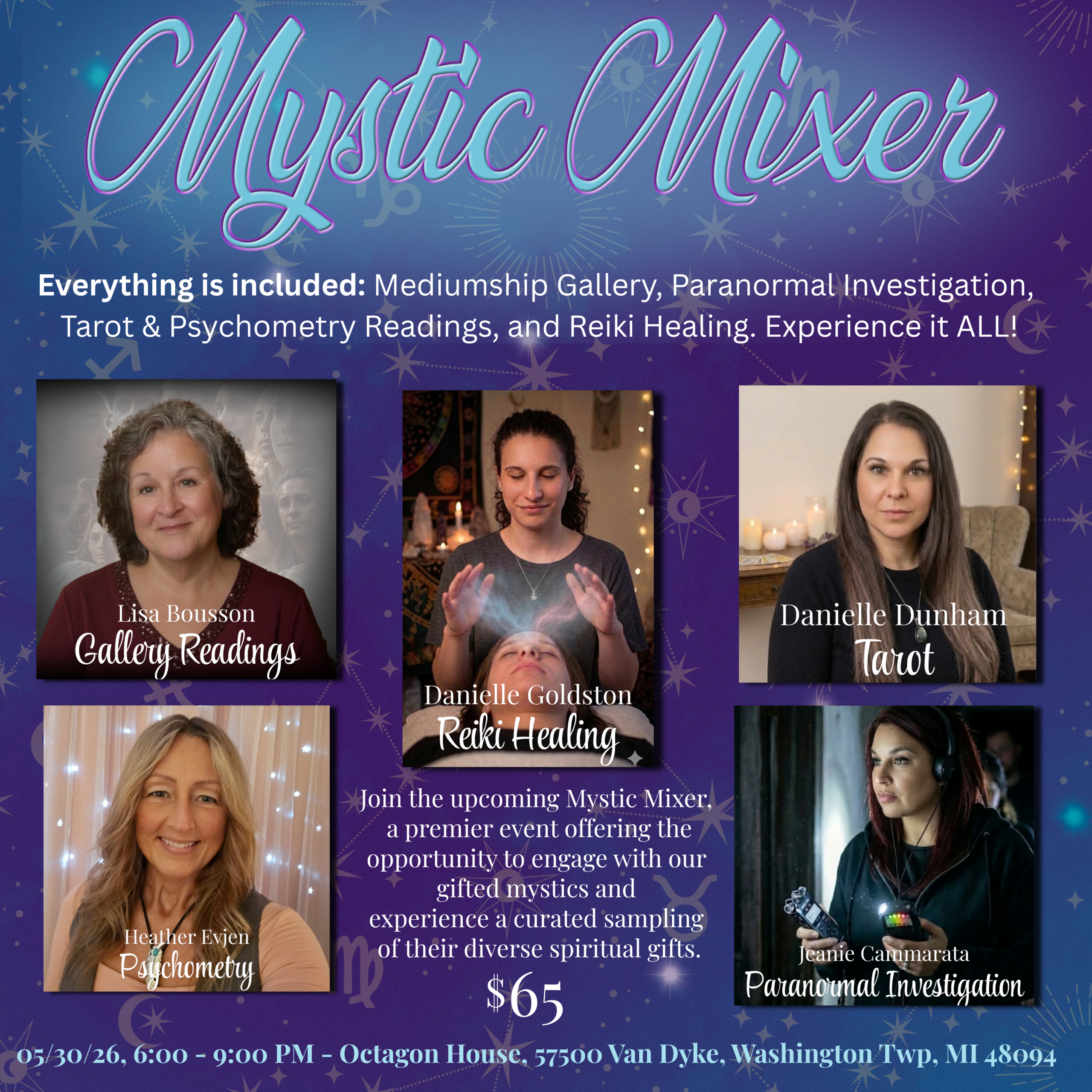 a mystical mixer of 5 different psychic mediums in a group setting at the Octagon House, in Washington Twp, MI 0n 5/30/26 led by Lisa Bousson