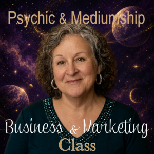 Psychic Medium Lisa Bousson is front and center on a purple planetary background advertisng her upcoming psychic and mediumship business and marketing class.